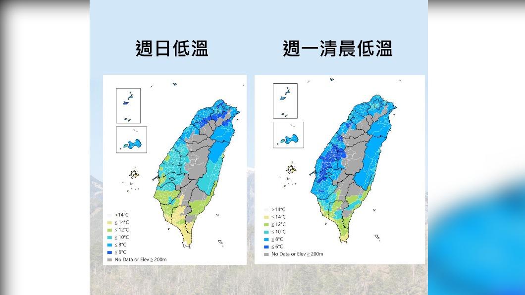 週日低溫與週一清晨低溫。（圖／氣象局）
