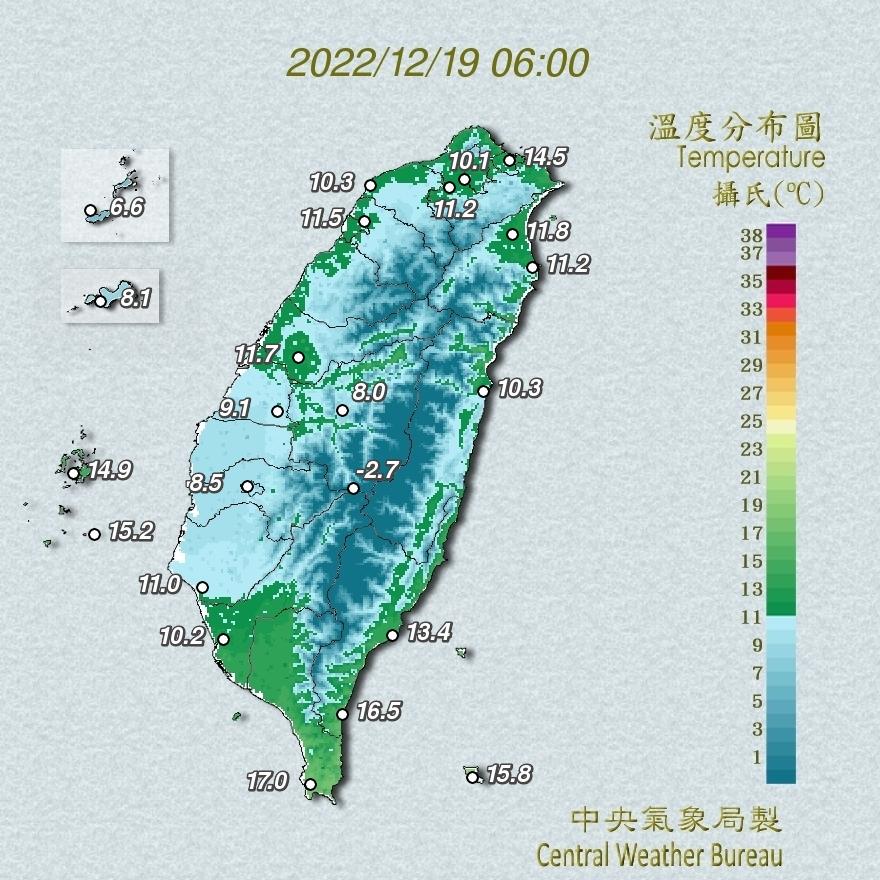 今天清晨基隆卻出現14.5度的「相對高溫」。(圖/氣象局)