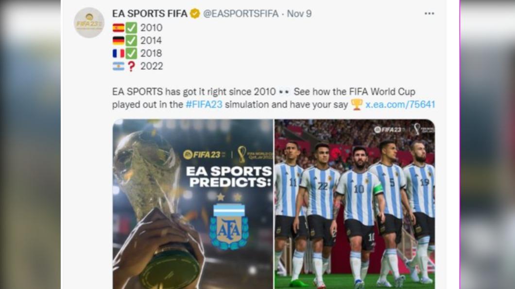 「EA Sports」連續4屆世界盃預測正確，引發各界熱議。（圖／翻攝自推特）