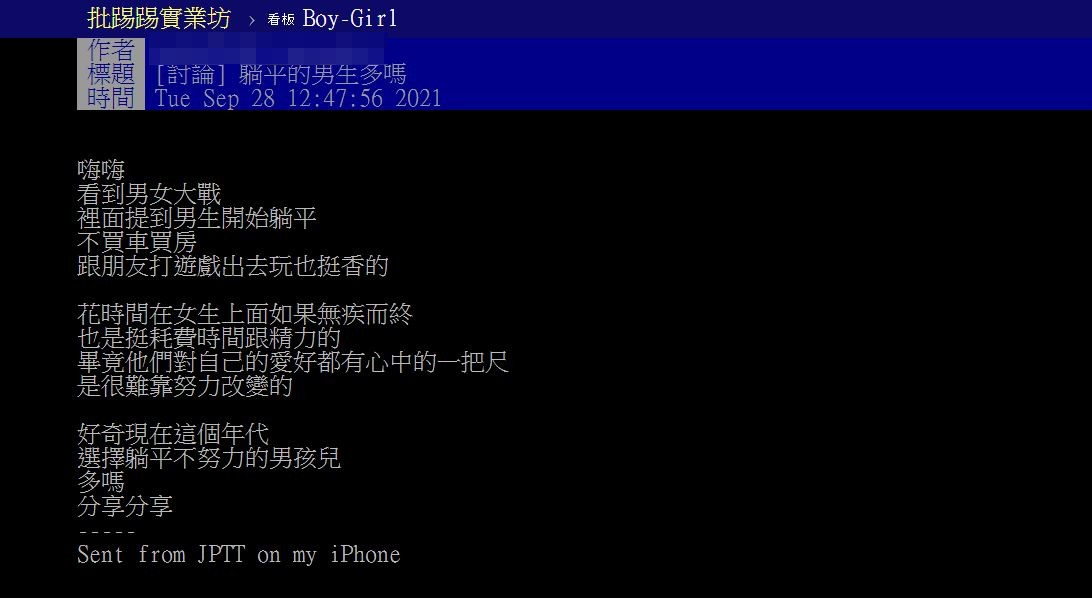 有網友好奇發文身邊的男性躺平族的人多嗎?(圖/翻攝自PTT)