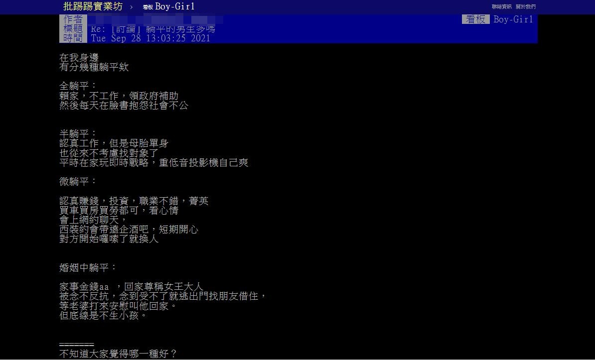 有網友將躺平族分類成4個類型。(圖/翻攝自PTT)