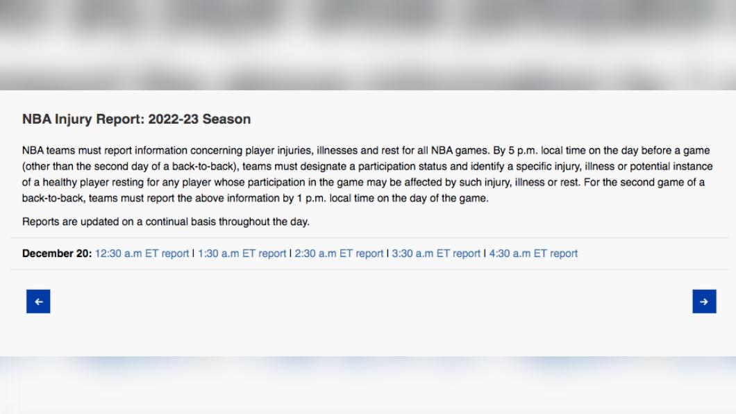 NBA傷病報告每小時更新。（圖／翻攝NBA官網）