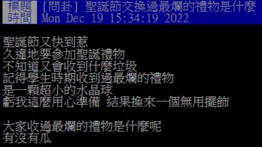 原PO發文詢問,大家收過最爛的聖誕交換禮物是什麼?(圖/翻攝自PTT)