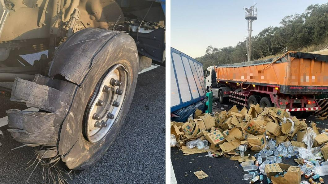 上班塞!國3通霄段聯結車爆胎側翻 飲料、礦泉水炸全線