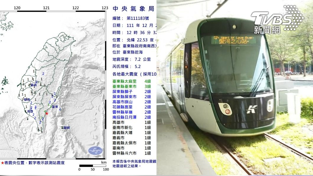 台東近海地牛翻身規模5.2 高捷、輕軌一度停駛