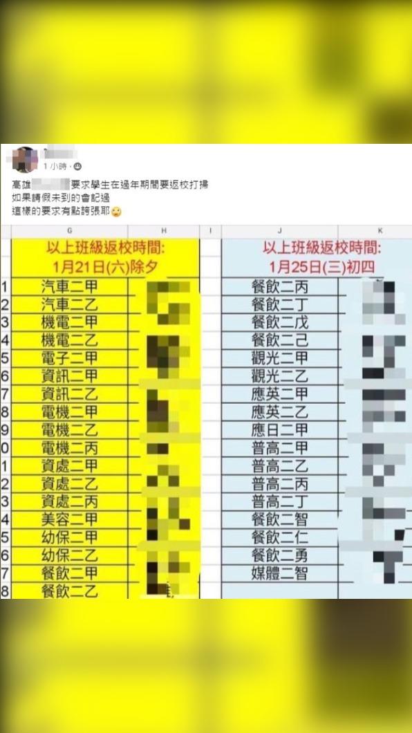 高雄某高職遭控逼學生春節返校打掃(翻攝:爆料公社)