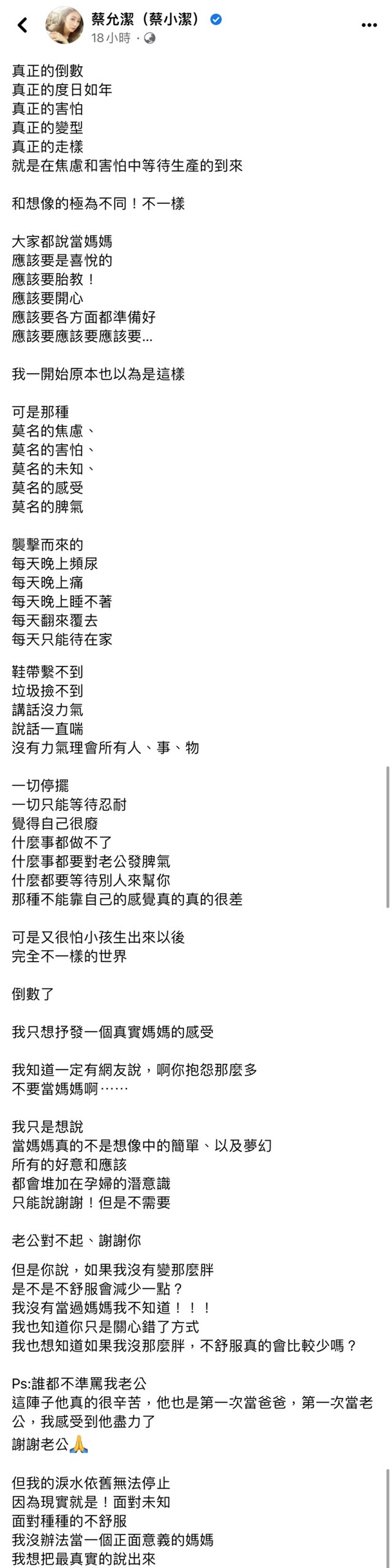 蔡允潔陷入產前憂鬱。(圖/翻攝自蔡允潔臉書)