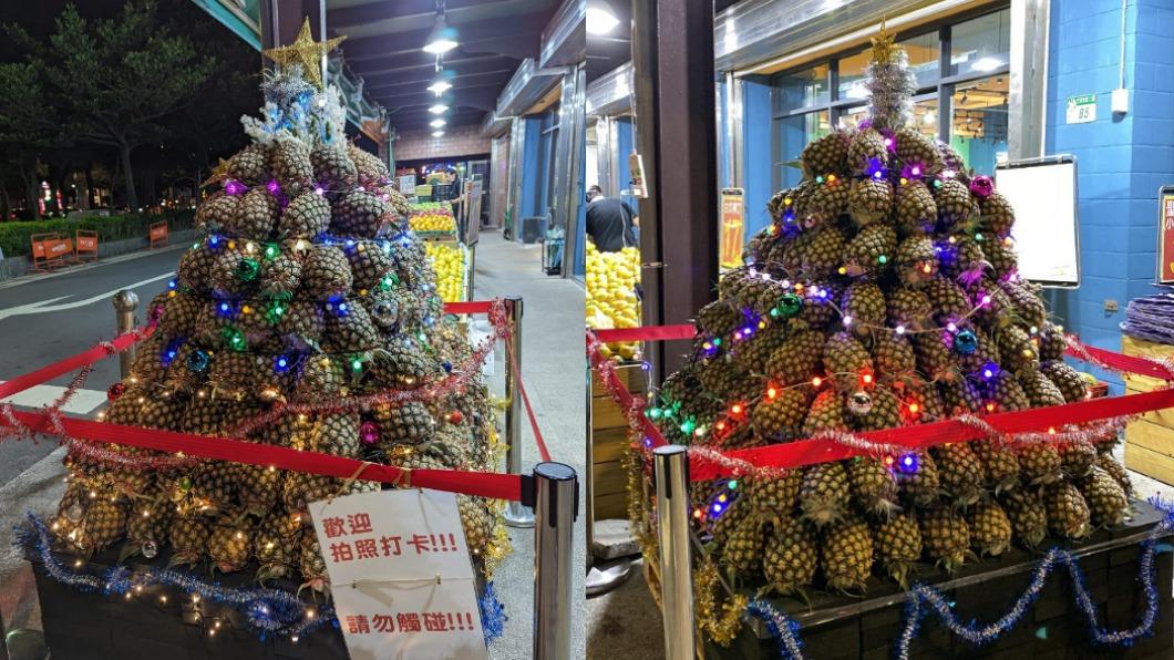 超狂!200多顆鳳梨堆成「旺來耶誕樹」 路過民眾搶拍