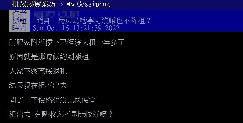 原PO好奇房東為何「寧可不賺錢,也不願意降租?」(圖/翻攝自PTT)