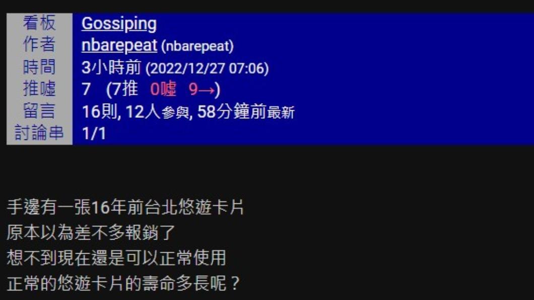 網友好奇正常悠遊卡的壽命。(圖/翻攝自PTT)