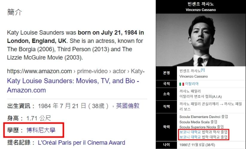 左圖為凱蒂的簡歷,與「文森佐」都畢業自博科尼大學。(圖/翻攝自Google、Namu Wiki)