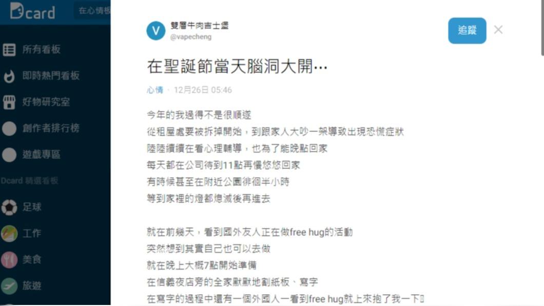 原PO在Dcard上發文「在耶誕節當天腦動大開…」。(圖/翻攝自Dcard)