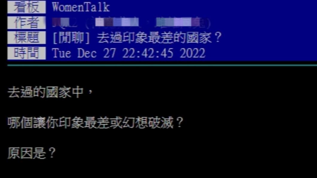 網有在PTT上發文「去過印象最差的國家?」。(圖/翻攝自PTT)