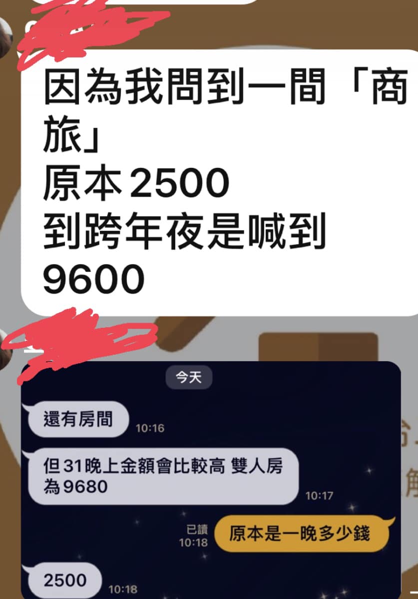 民眾詢問旅館業者跨年夜訂房價位。(圖/翻攝自爆廢公社二館臉書)