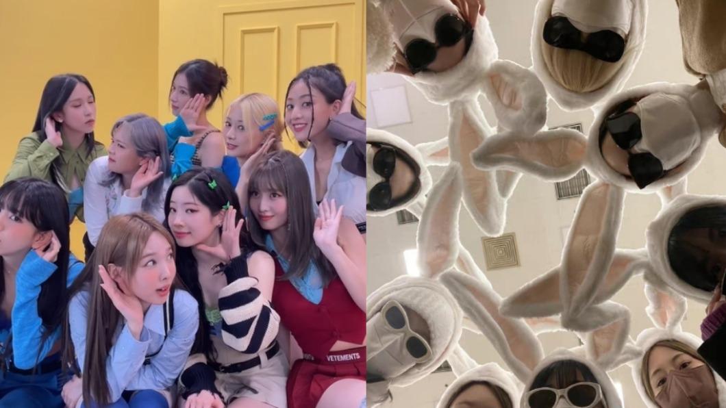 韓國人氣女團TWICE，在出關前換裝成「兔子集團」。（合成圖／翻攝自TWICE IG、微博）