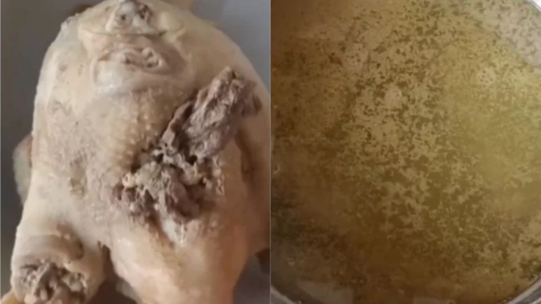 丈夫得知後特地下廚燉煮雞湯結果內臟沒清除成了暗黑料理。(圖/翻攝自微博)