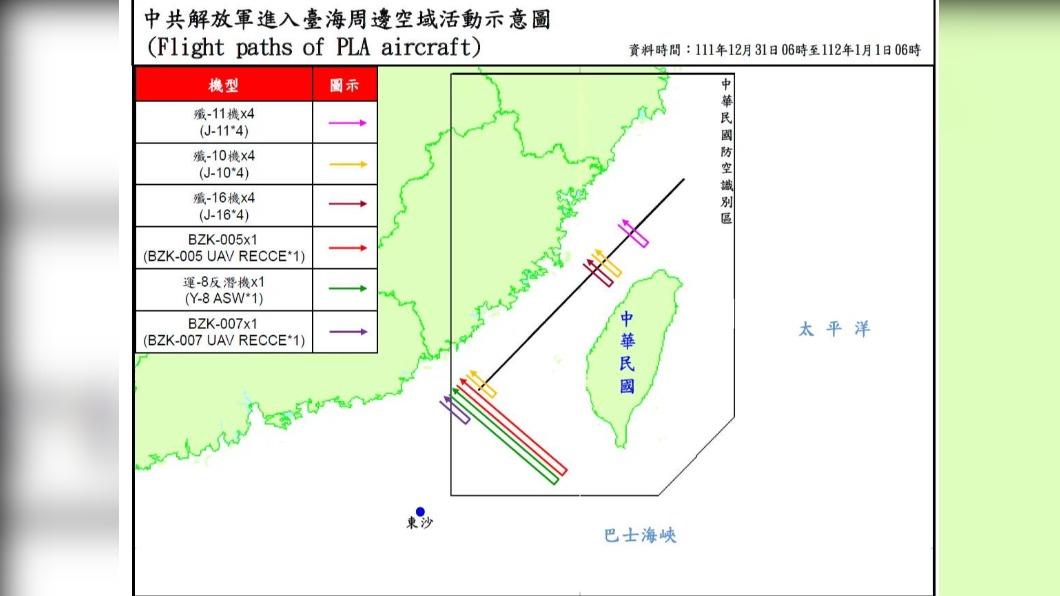 國防部公佈共軍擾台示意圖,12月31日上午6時至1月1日上午6時,共出動24架戰機。(圖/翻攝自 國防部)