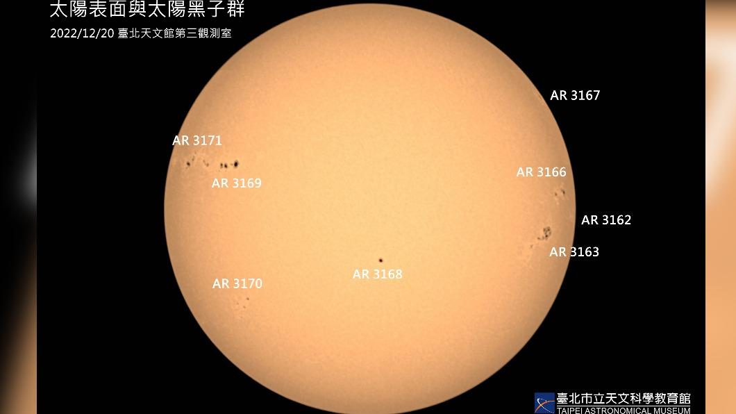 太陽活動日漸升高，有大量太陽黑子分佈在太陽表面。（圖／台北市天文科學教育館提供）