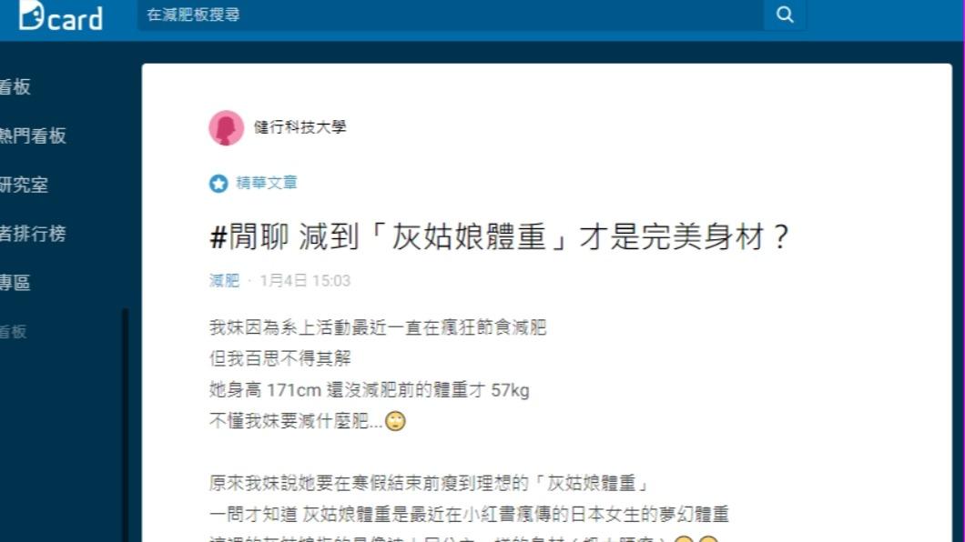 原PO發文「減到『灰姑娘體重』才是完美身材?」。(圖/翻攝自Dcard)