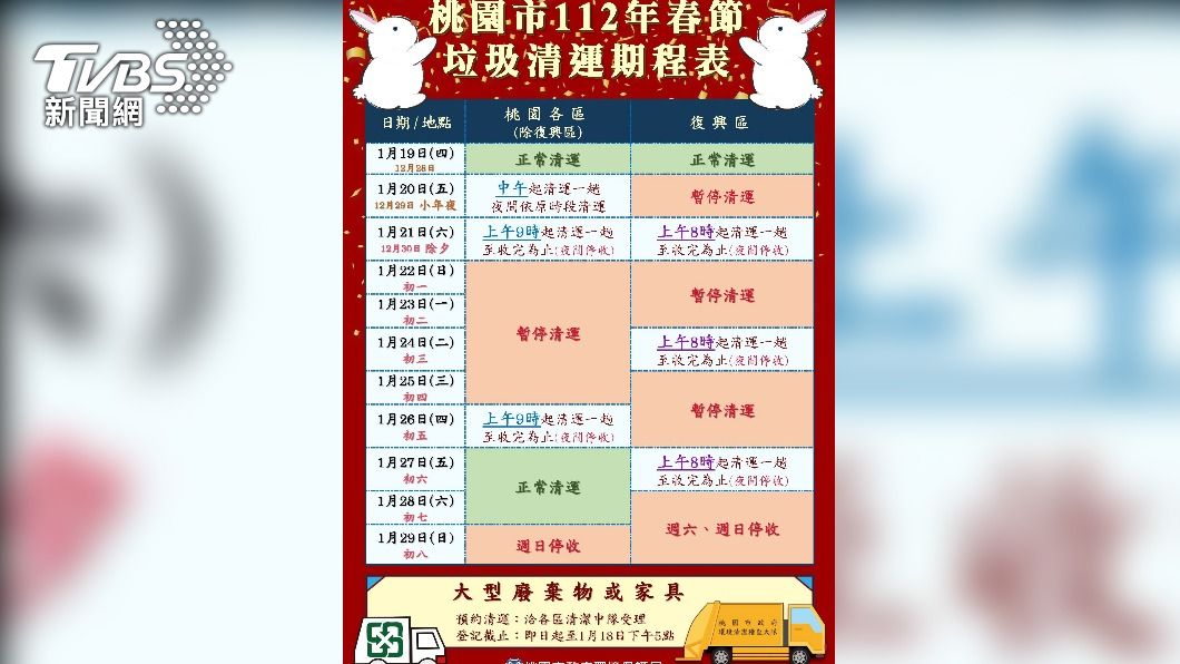 最長年假 垃圾清運時刻表出爐