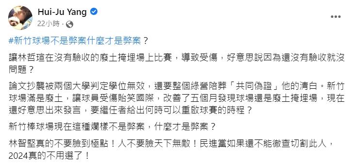楊蕙如痛批民進黨若不處理林智堅,2024就不用選了。(翻攝自楊蕙如臉書)