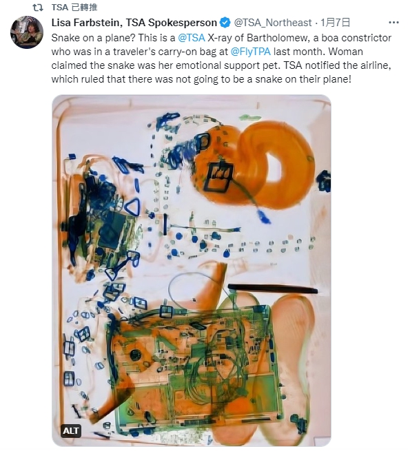 TSA發言人在推特上發文分享這起事件。(圖/翻攝自 Lisa Farbstein, TSA Spokesperson 推特 @TSA_Northeast)