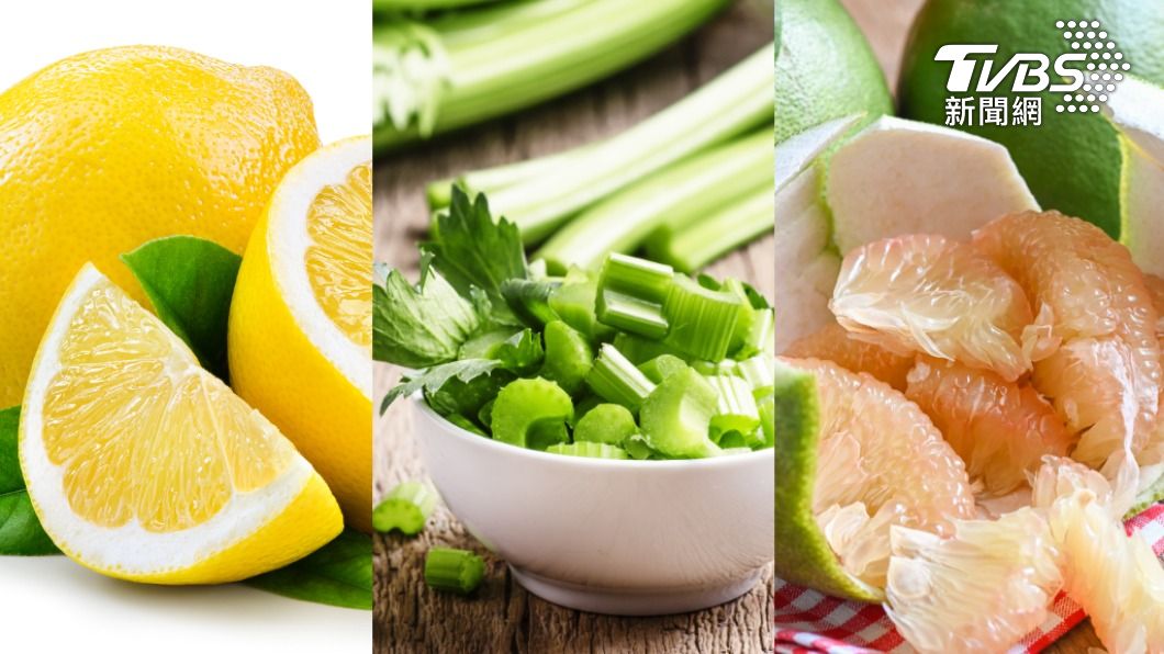 檸檬(左)、芹菜(中)、柚子(右)都屬於光敏感食物。(示意圖/shutterstock達志影像)