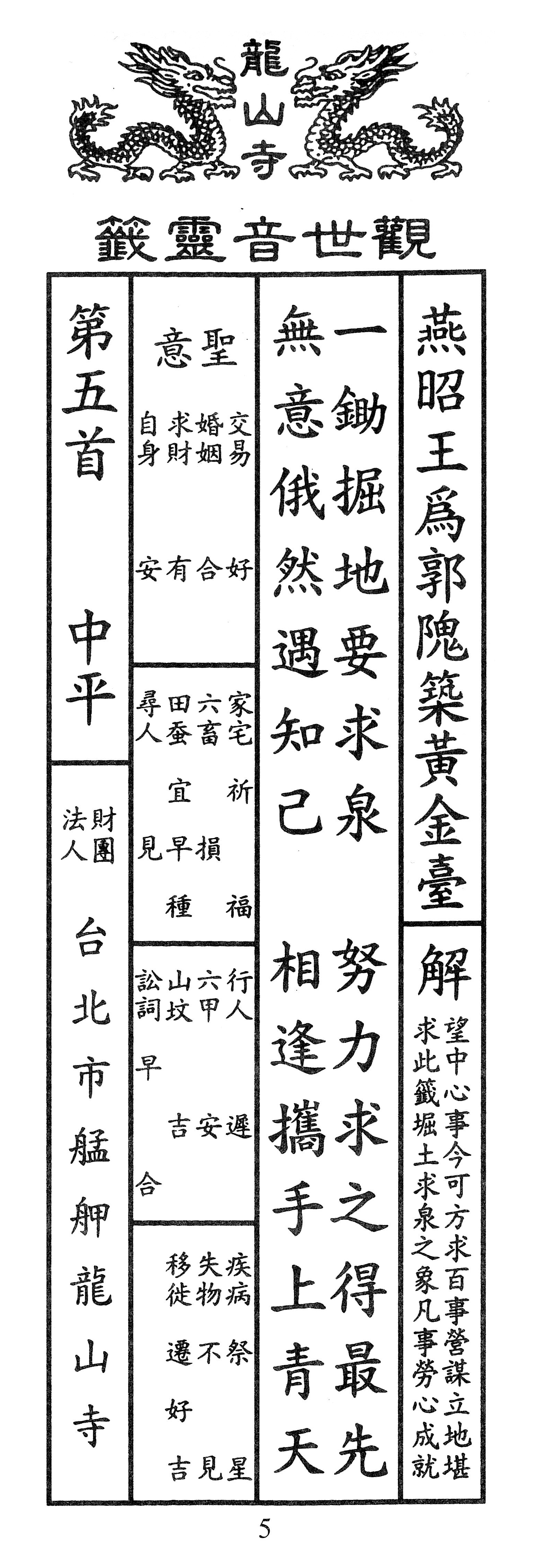 觀音佛祖第5籤「燕昭王為郭隗築黃金臺」。(示意圖/翻攝龍山寺網站)