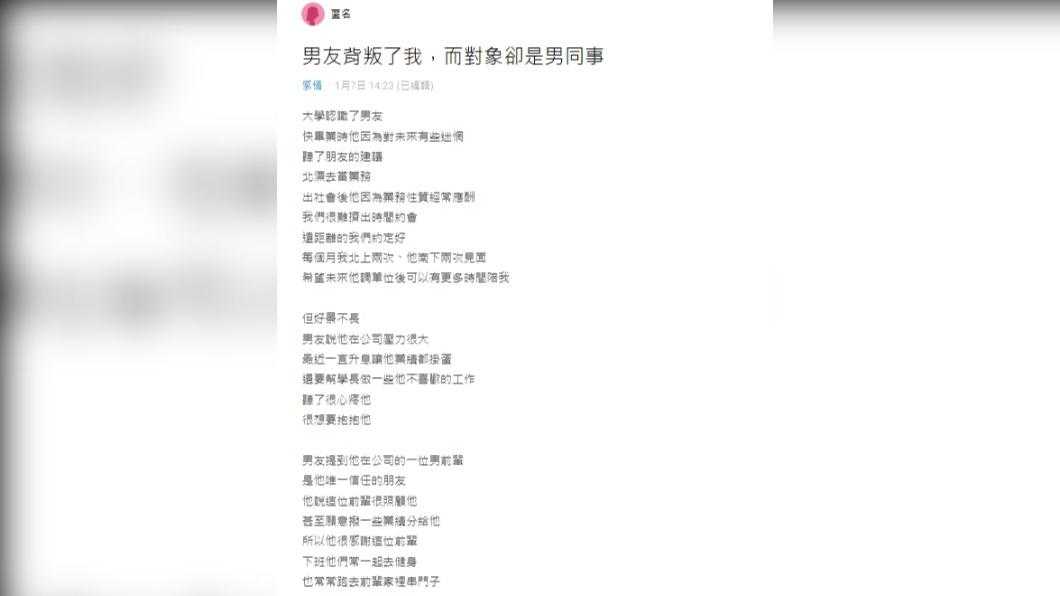 原PO本以為男友遇到好前輩,怎料兩人竟背著她劈腿。(圖/翻攝自Dcard)