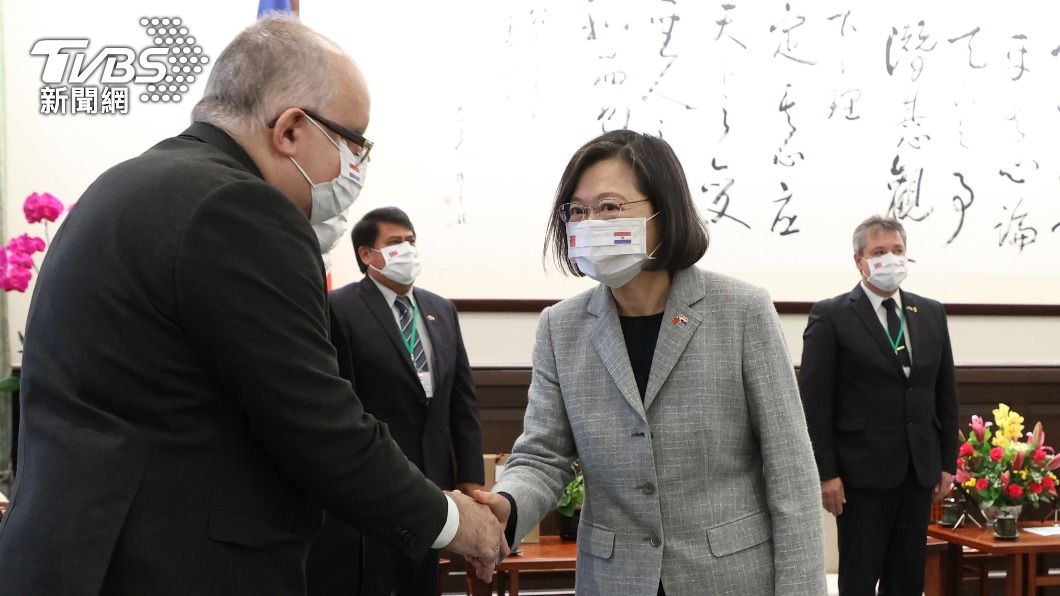 總統蔡英文與訪團成員握手致意。（圖／中央社）