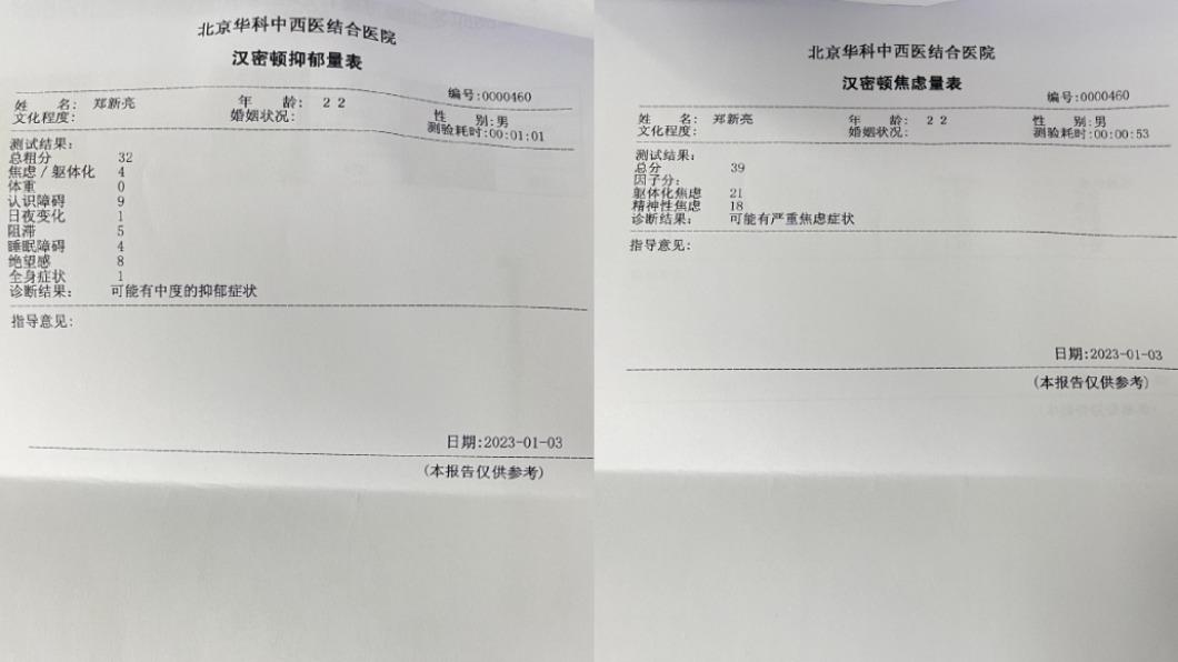 鄭星源公開的2份憂鬱症檢驗報告，被網友發現他花了不到1分鐘就做完。（圖／翻攝自光合少年鄭星源微博）
