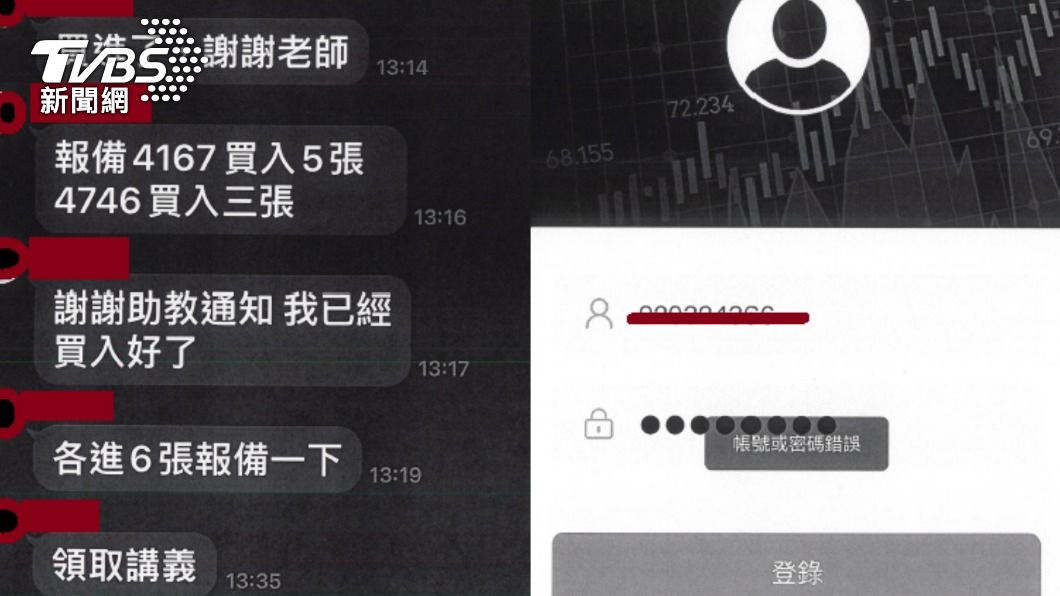 詐騙集團群組會有很多假成員聲稱用特殊平台（右圖）買股票。（圖／TVBS）