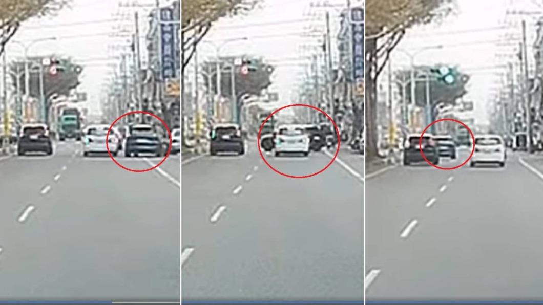 Kuga車主雖然躲了一個紅燈,但下個路口遇見停等紅燈的車陣,又故技重施。(圖/翻攝自爆料公社)