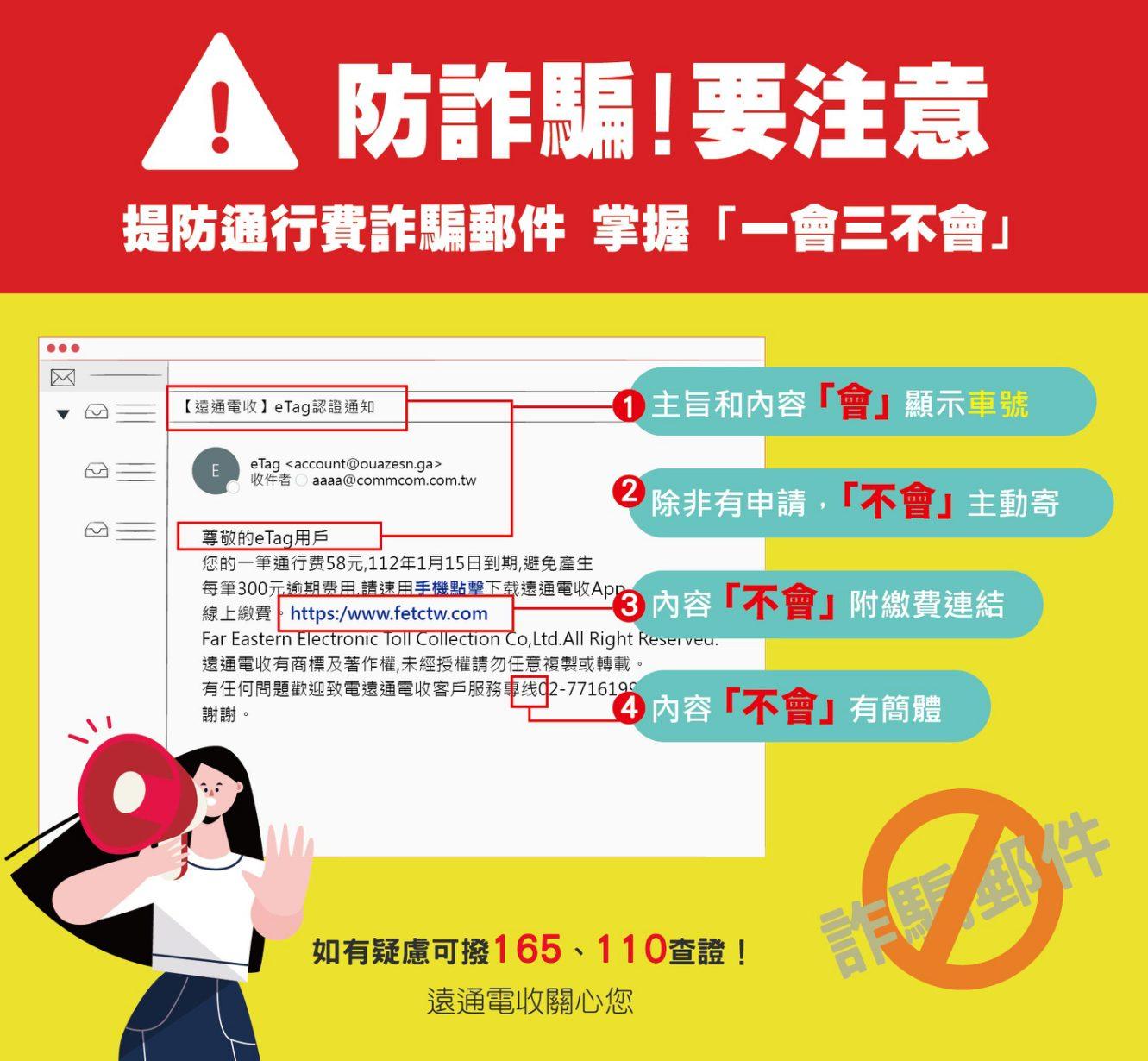 提供「一會三不會」原則用路人辨識通行費詐騙郵件。(圖/遠通電收提供)
