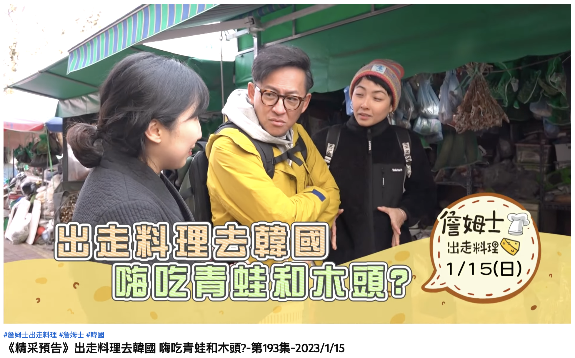 詹姆士、黃湘婷在韓國街頭見到倒掛的青蛙。(圖/翻攝自YouTube「詹姆士出走料理 八大電視」)