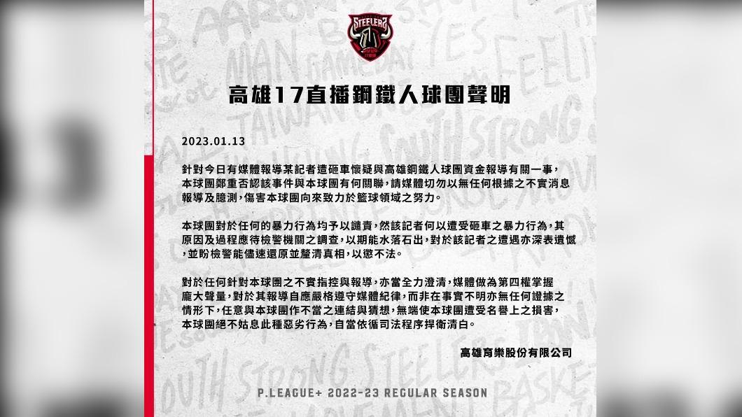 鋼鐵人發聲明否認媒體報導之砸車一事。(圖/球團提供)
