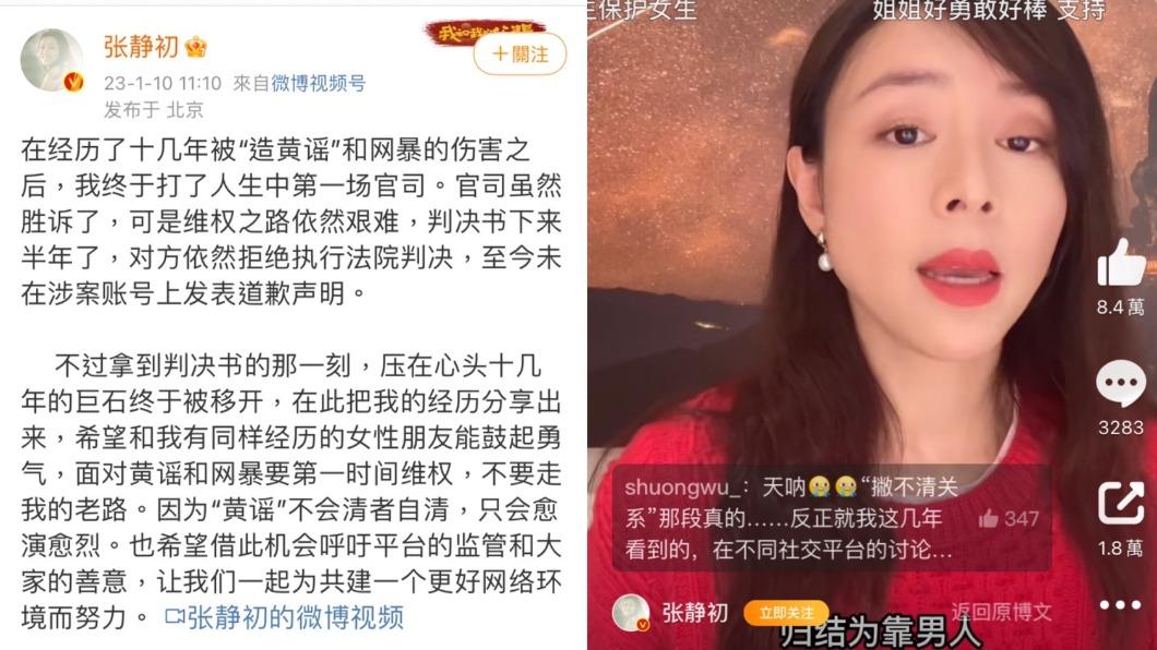 張靜初透露自己對造謠者們提告,最終勝訴。(圖/翻攝自張靜初微博)