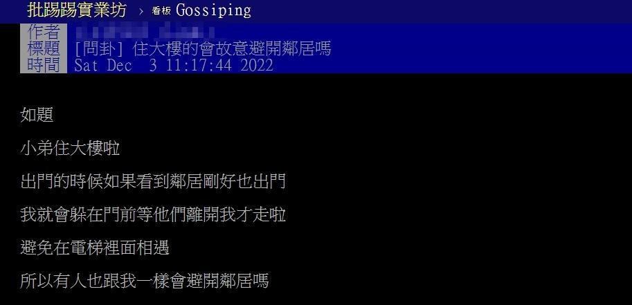 原PO表示若遇到鄰居同時要外出,自己會刻意等到鄰居離開後再出門。(圖/翻攝自PTT)