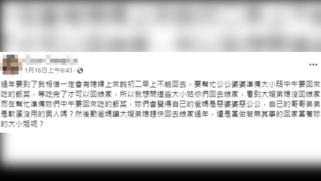 網友在社團提問姑姑們初二回娘家的感受。（圖／翻攝自「毒姑九賤婆媳討論區」臉書）