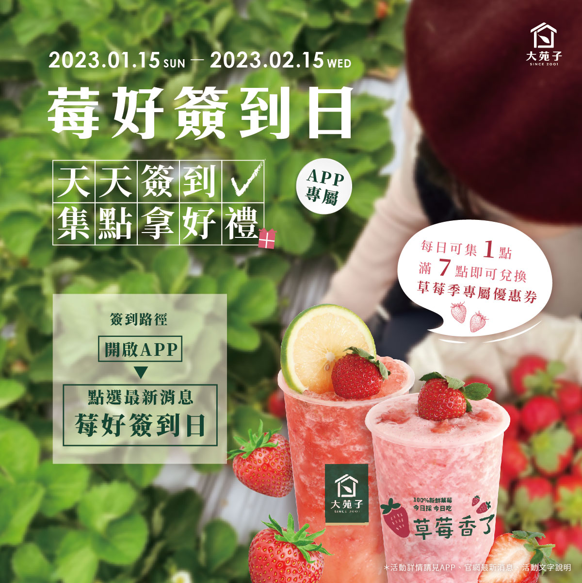 連鎖飲料店大苑子特別推出「莓好簽到日」飲料簽到。(圖/大苑子提供)
