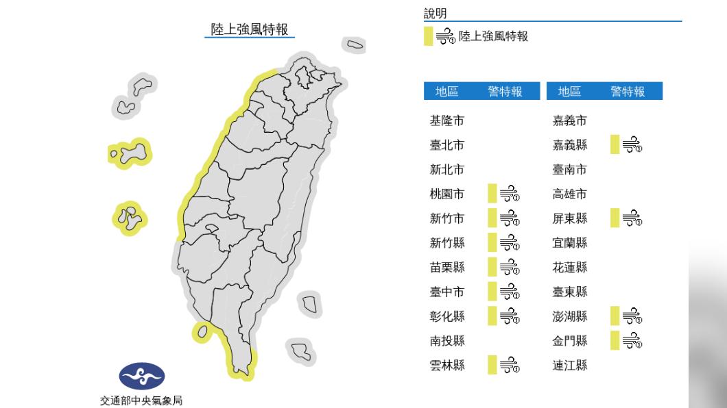 氣象局發布陸上強風特報。(圖/中央氣象局)