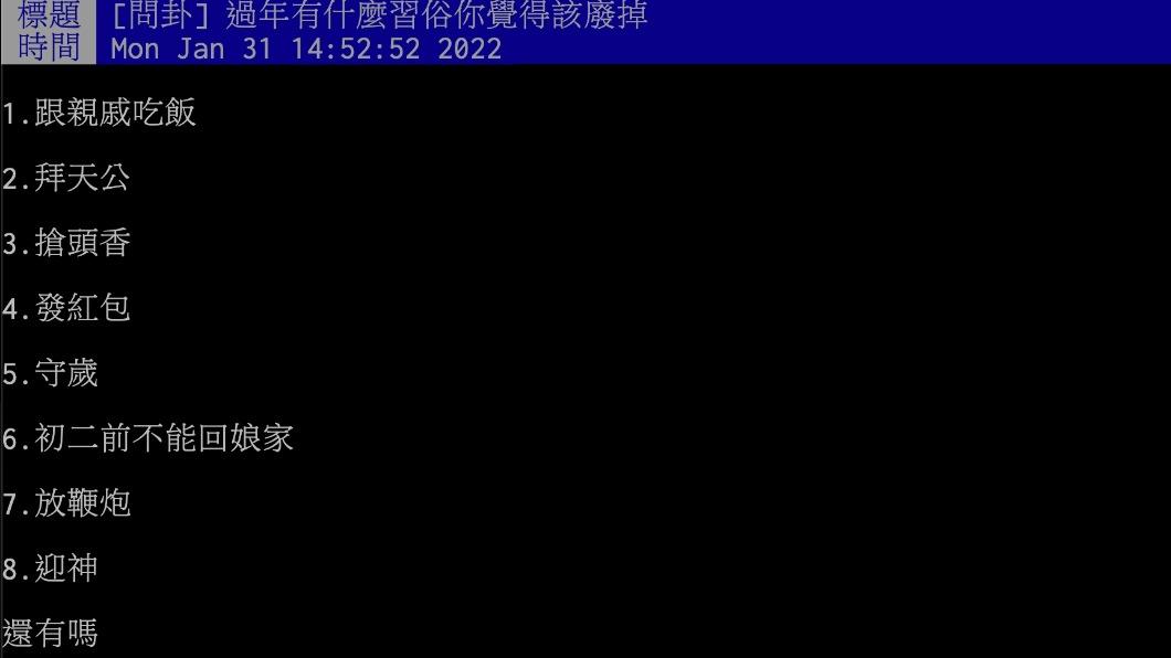 網友在PTT上發文「過年有什麼習俗你覺得該廢掉?」。(圖/翻攝自PTT)
