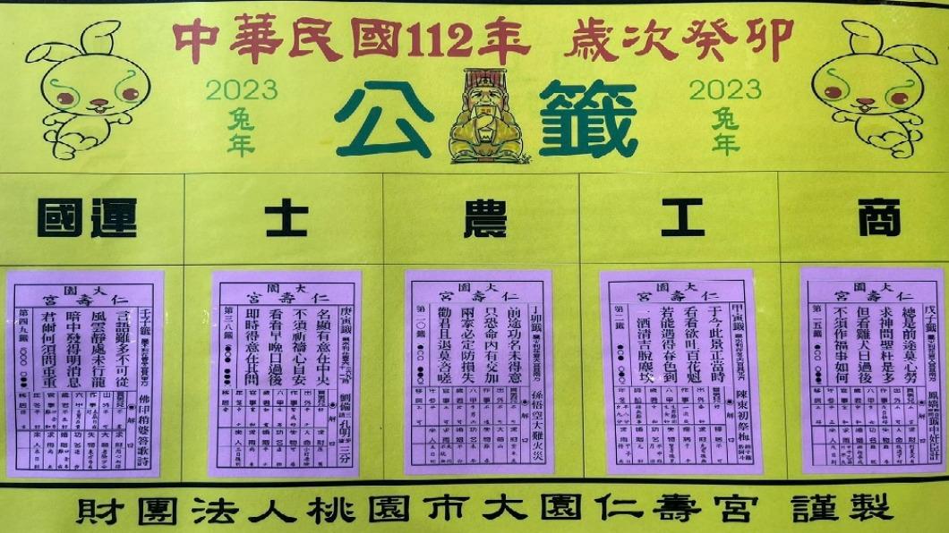 桃園仁壽宮抽出國運和士農工商籤。（圖／翻攝自財團法人大園仁壽宮臉書粉專）