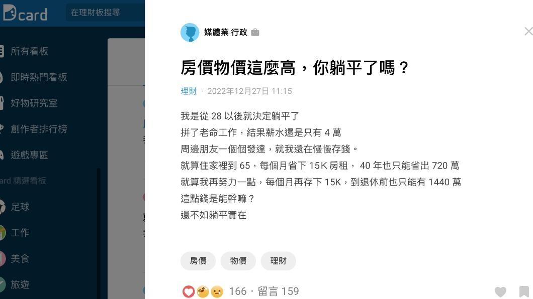 網友在Dcard發文「房價物價這麼高,你躺平了嗎?」。(圖/翻攝自Dcard)