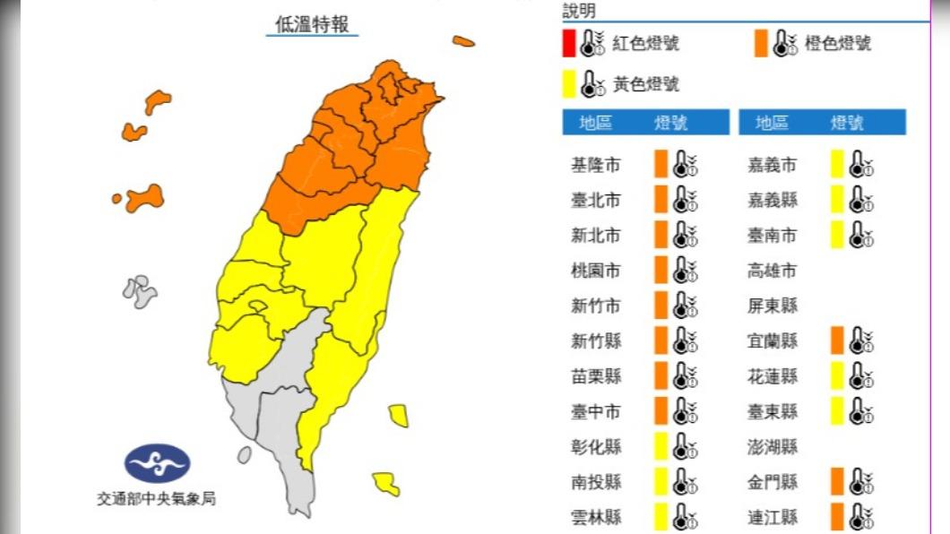 中央氣象局發布低溫特報。(圖/中央氣象局)