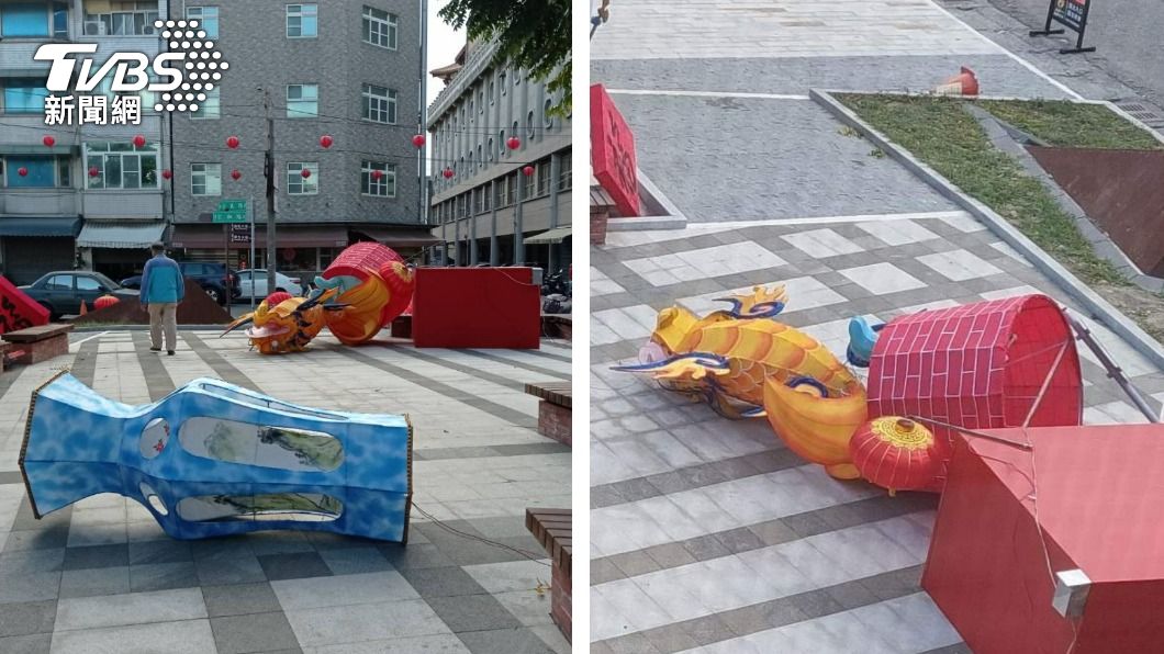 北港登記所前的花燈被吹得東倒西歪。（圖／民眾提供）