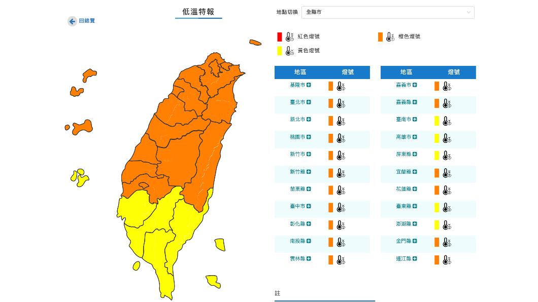 中央氣象局發布低溫特報。(圖/翻攝自中央氣象局官網)