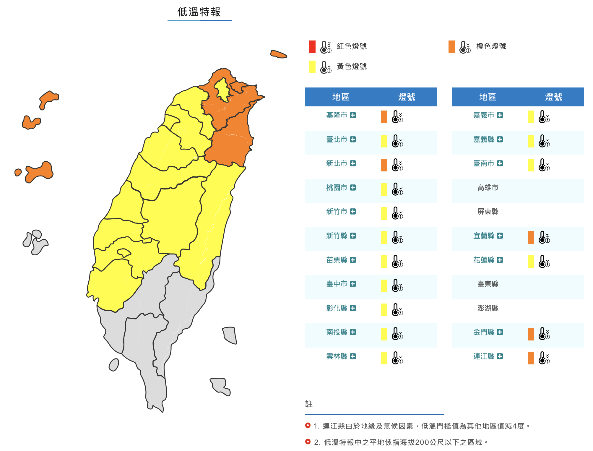 氣象局針對18縣市發布低溫特報。(圖/中央氣象局)