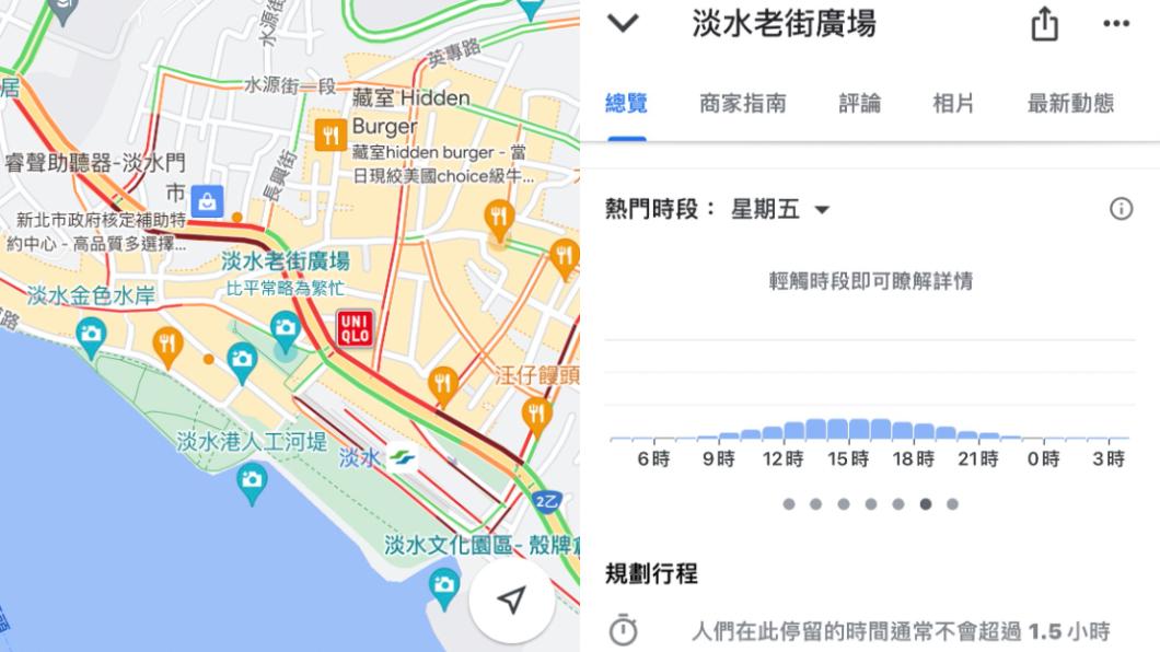 Google Maps可查詢即時路況,熱門時段。(圖/翻攝自Google Maps)