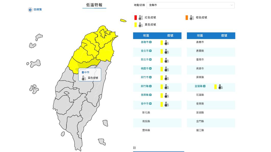 氣象局針對9縣市發布低溫特報。(圖/翻攝自中央氣象局官網)